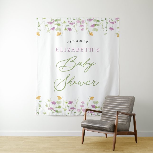 Tenture Panneau de bienvenue vert eau jaune rose aquarelle (En situation)