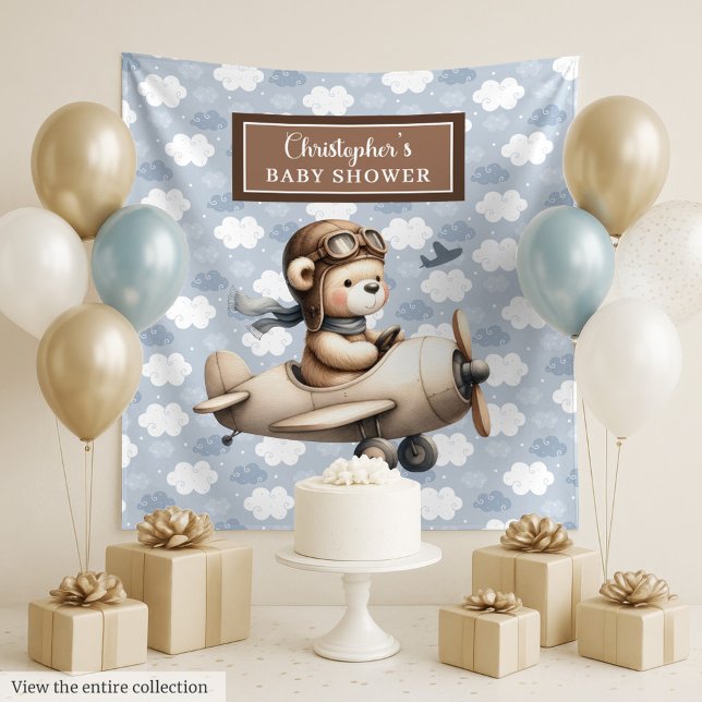 Tenture Panneau de célébration de la fête prénatale pour u (Cute teddy bear pilot boy shower celebration sign Tapestry)