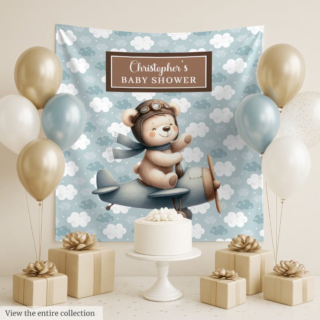 Tenture Panneau de fête pour baby shower avec un ours en p (Stylish teddy bear pilot baby shower party sign Tapestry)