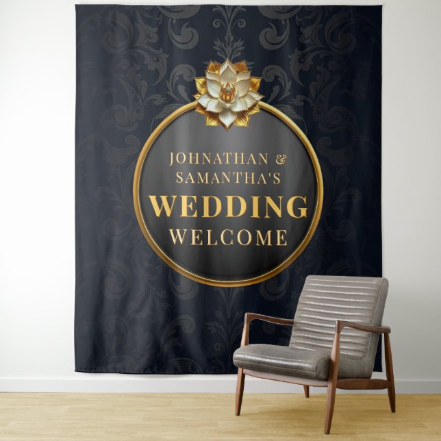 Tenture Panneau de fond de mariage en damas Lotus pour pho (En situation)