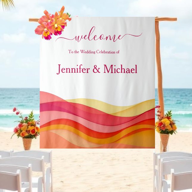 Tenture Panneau de mariage moderne aux couleurs du coucher (Sunset Color Waves Modern Wedding Sign Tapestry)