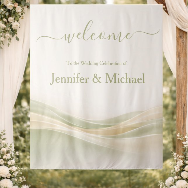 Tenture Panneau de mariage vert sauge et ivoire (Sage Green and Ivory Wedding Sign Tapestry )