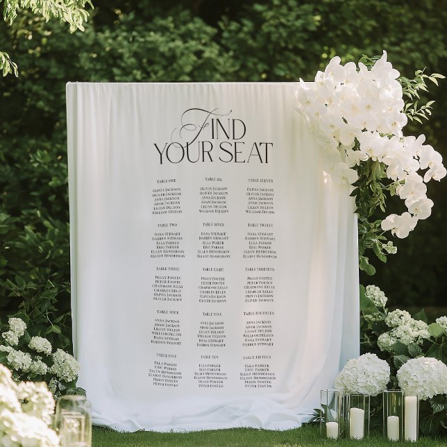 Tenture Panneau de Plan de Siège de Mariage Noir Blanc Mod (Modern Black White Wedding Seating Chart Backdrop)