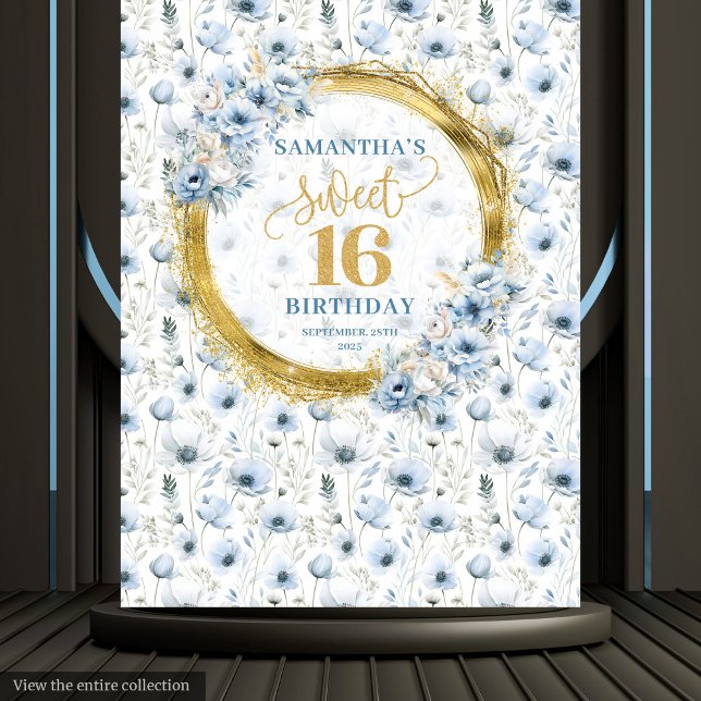 Tenture Panneau personnalisé Dusty Blue Sweet 16 Gold Part (Custom Dusty Blue Sweet 16 Gold Glitter Party Sign Tapestry)