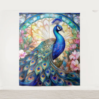 Tenture Paon en verre coloré et aquarelle