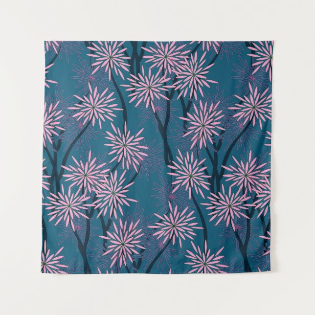 Tenture Papier peint floral : bleu marine asiatique, rose. (Devant)