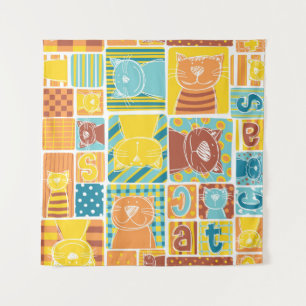 Tenture Papier peint patchwork en tissu de chat amusant, c