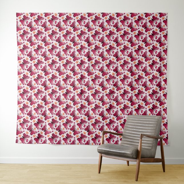 Tenture Papier peint sans couture Cerisier Papillon Rose (En situation (horizontale))