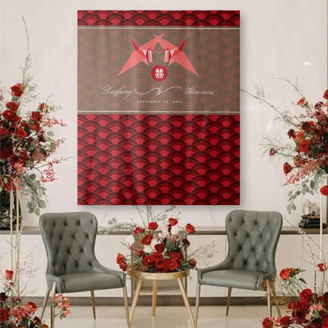 Tenture Papier rouge grues Double Mariage de bonheur arriè (Red Origami Paper Cranes Scallop Pattern, Double Happiness Chinese Wedding Photo Backdrop Tapestry)