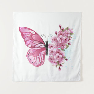 Tenture Papillon à fleurs avec Sakura rose