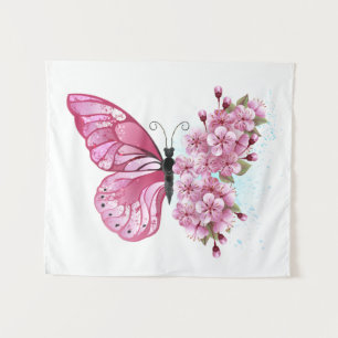 Tenture Papillon à fleurs avec Sakura rose