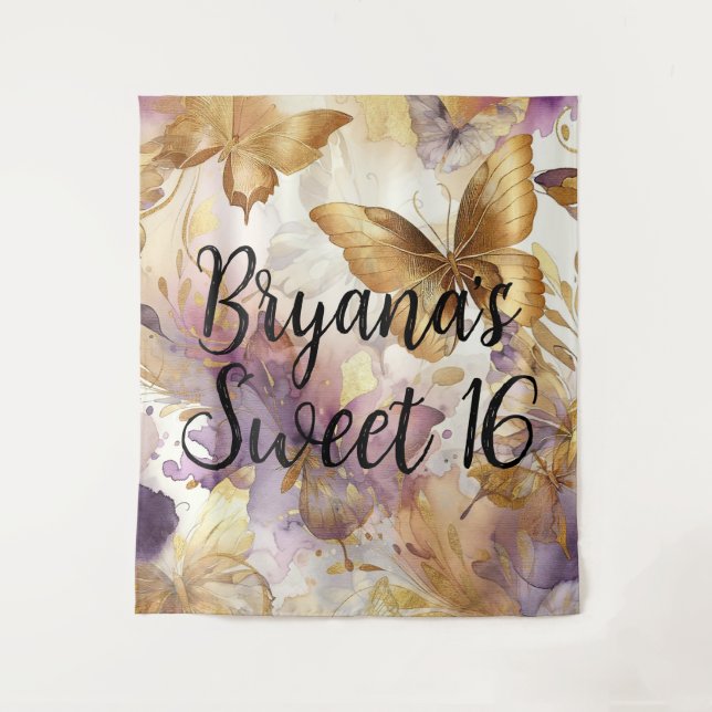 Tenture Papillon aquarelle violet et or Papillons (Devant)