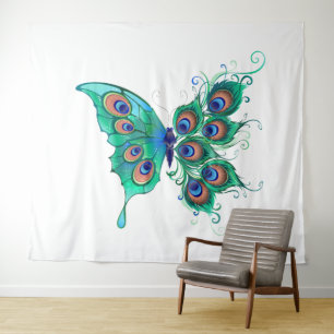 Tenture Papillon aux plumes de paon vert