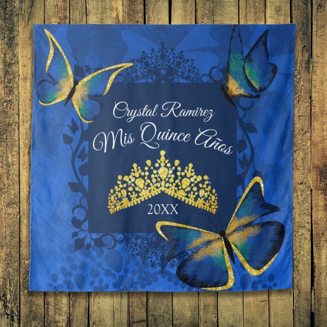 Tenture Papillon bleu or, Tiara Quinceanera Retour (blue gold party drape tapestry quinceanera mis quince anos wall sign banner welcome to quinceanera)