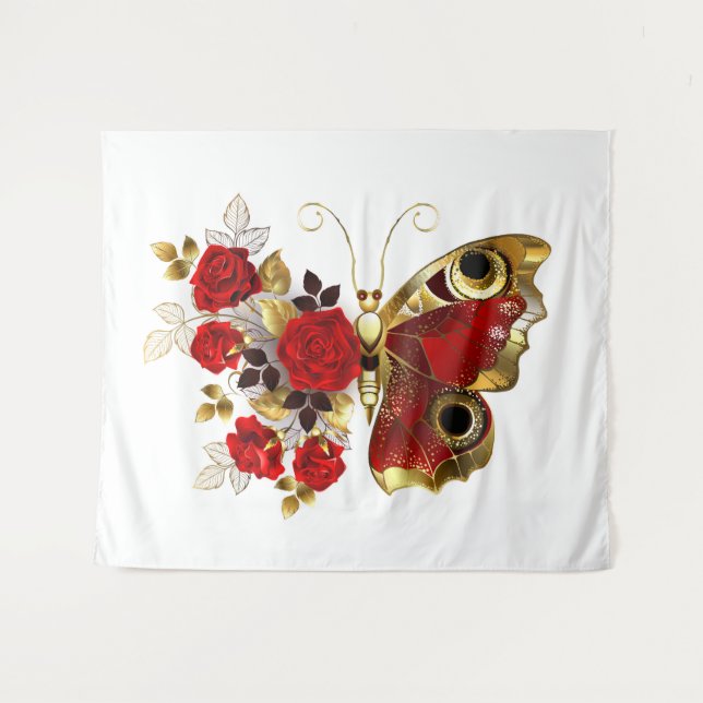 Tenture Papillon de fleurs rouges aux roses rouges (Devant (Horizontal))