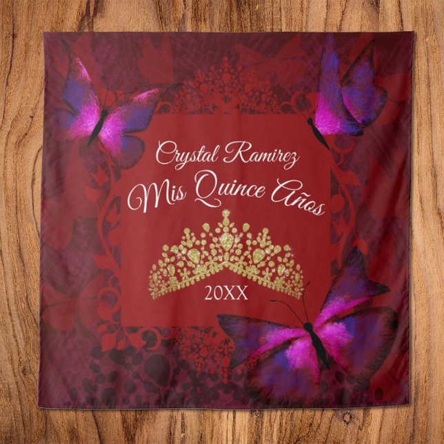 Tenture Papillon Rouge, Diadème Doré Fond de Décor pour Qu (Red pink butterflies quinceanera tapestry wall drape, gold tiara crown, red mis quince)