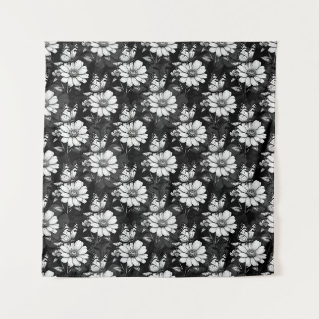 Tenture Papillon sur Motif à fleurs - Noir (Devant)