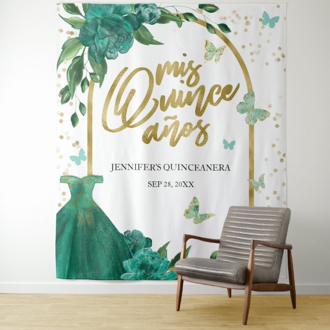 Tenture Papillons de Quinceanera Emerald Green Gown fond (En situation)