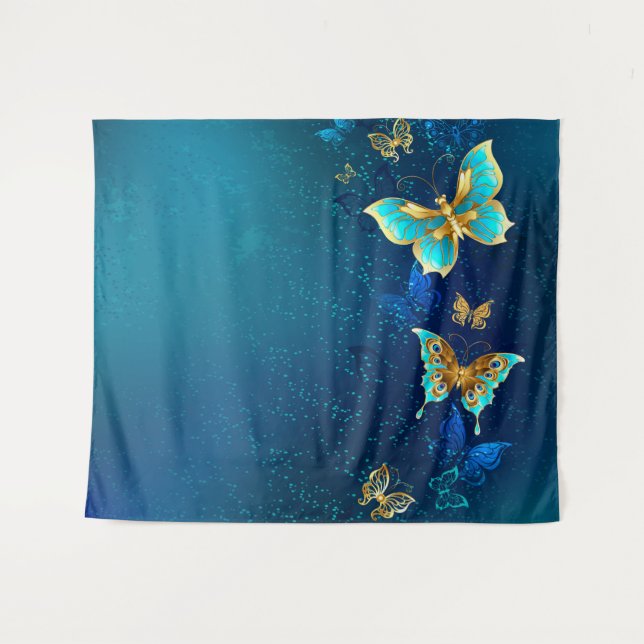 Tenture Papillons d'or sur un Arrière - plan bleu (Devant (Horizontal))