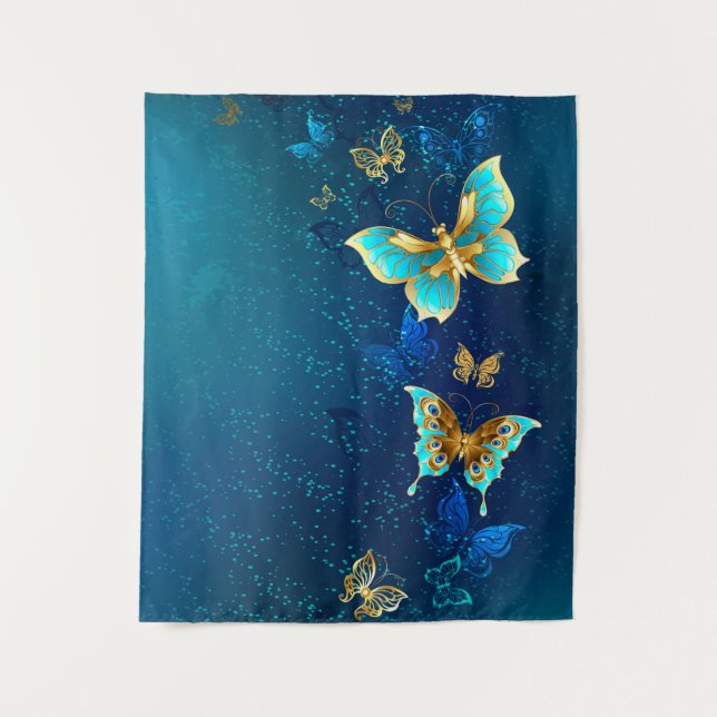 Tenture Papillons d'or sur un Arrière - plan bleu (Devant)