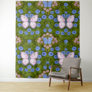 Tenture Papillons et symétrie des fleurs, bleu et rose