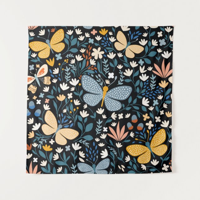 Tenture Papillons Floral : Main Tirée Sans Couture. (Devant)