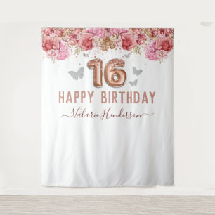 Tenture Papillons floraux rose heureux 16e anniversaire Ta