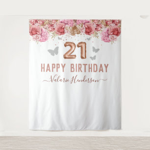 Tenture Papillons floraux rose heureux 21e anniversaire Ta