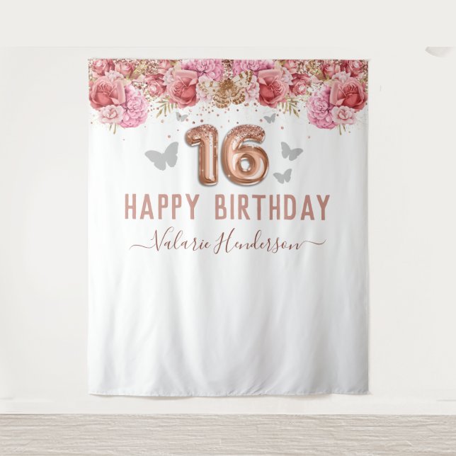 Tenture Papillons Floraux Rose Joyeux 16e Anniversaire Tap (Devant)