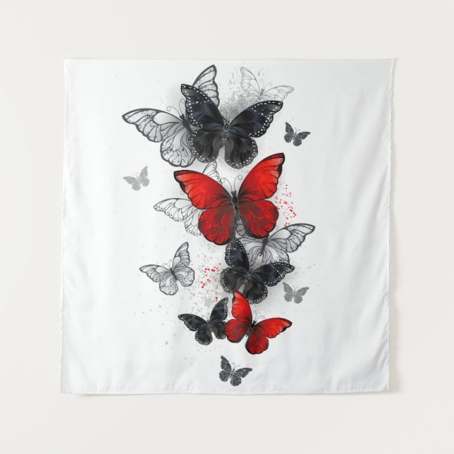 Tenture Papillons Morpho Noirs et Rouges en Vol (Devant)