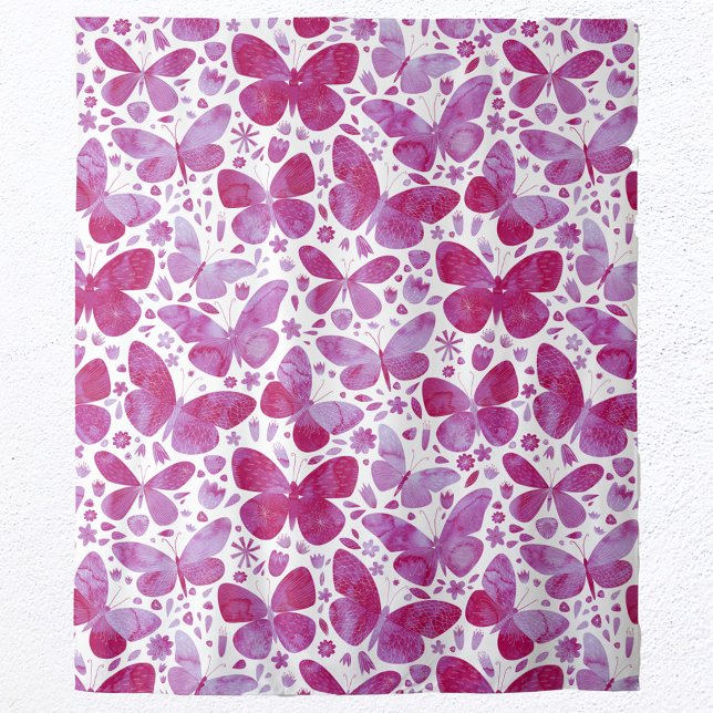 Tenture Papillons Motif Aquarelle rose (Magenta pink and white modern watercolor butterfly pattern wall tapestry)
