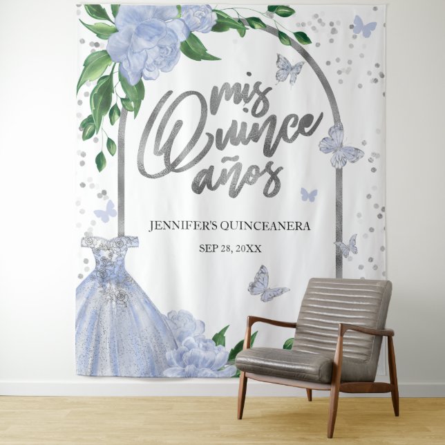 Tenture Papillons Quinceanera Dusty Blue Gown fond (En situation)