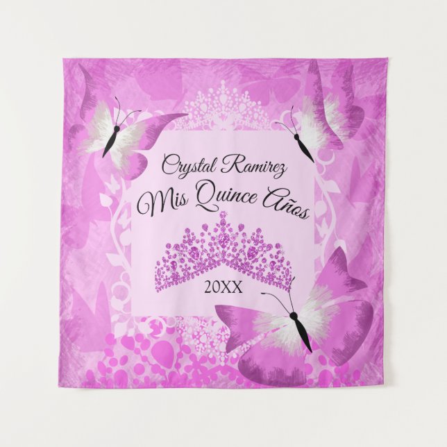 Tenture Papillons roses, couronne de Quinceanera pour déco (Devant)