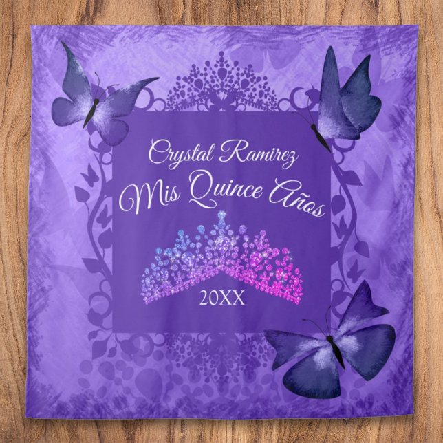 Tenture Papillons violets, fond pour Quinceanera avec diad (purple quinceanera party backdrop back drop drape tapestry tiara crown welcome quince sign banner)