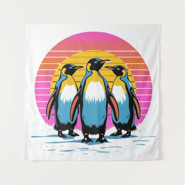 Tenture Parade des pingouins - Retro Sunset Famille des pi (Devant)