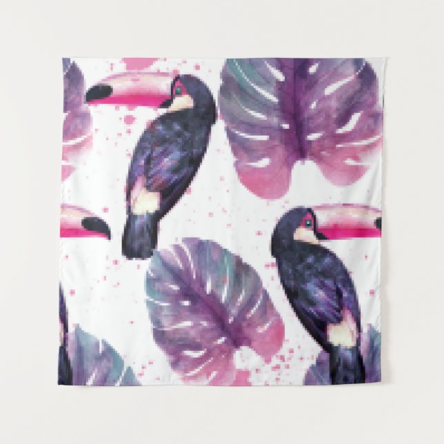 Tenture Paradis tropical avec perroquets aquarelles et pal (Devant)