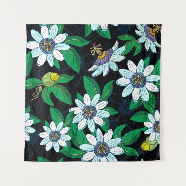 Tenture Passionflower, passiflora on a black background. F (Devant)