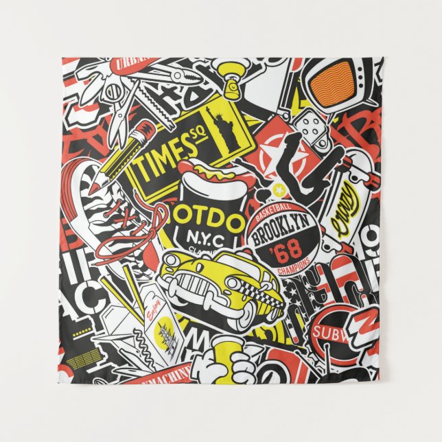 Tenture Patchwork d'autocollants urbains de New York vinta (Devant)