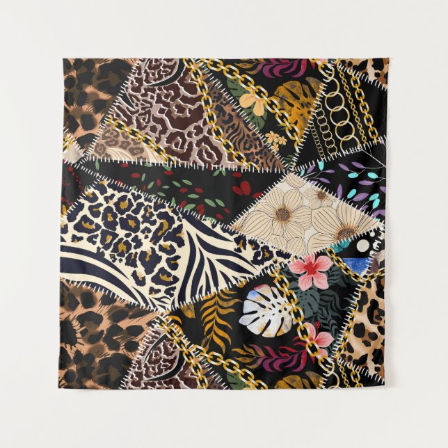 Tenture Patchwork Leopard : Ethnic Lining Design. (Devant)