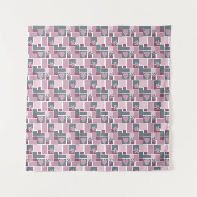 Tenture Patchwork rose gris marron de carrés  (Devant)