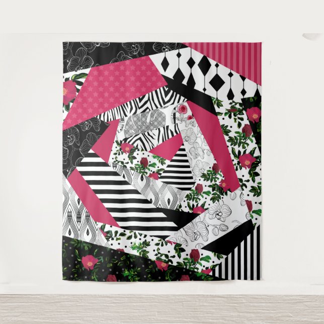 Tenture patchwork rouge, populaire, patchwork lancer oreil (Devant)