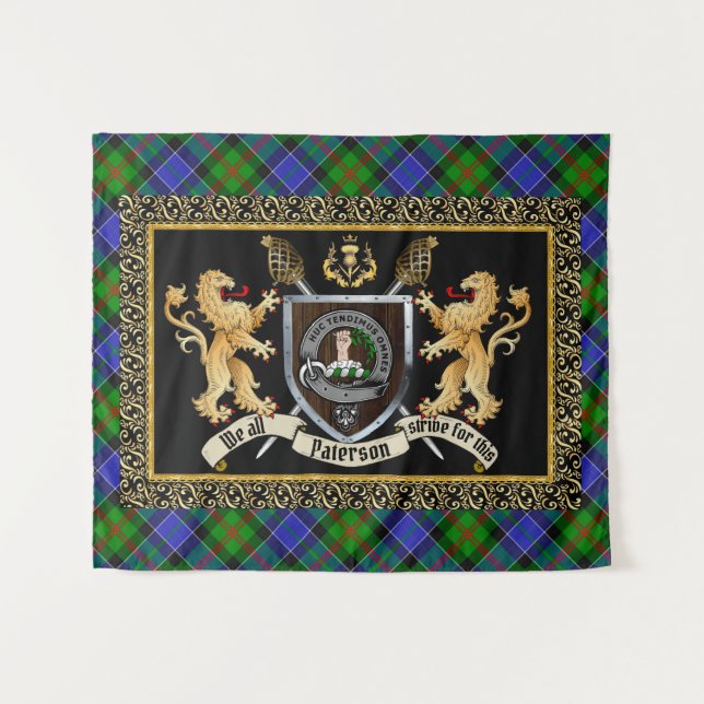 Tenture Paterson Clan Badge & Motto avec Lions (Devant (Horizontal))