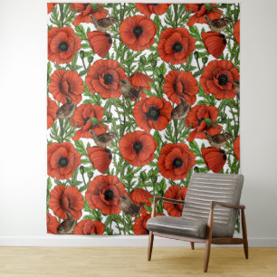Tenture Pavot rouge et brindilles, feuilles verts sur blan