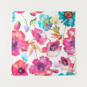 Tenture Pavot rouge et fleurs bleues avec papillons, wquoi