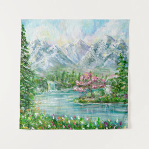 Tenture Paysage de montagne de printemps. Main acrylique o