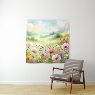 Tenture Paysage de prairie fleurie pastel