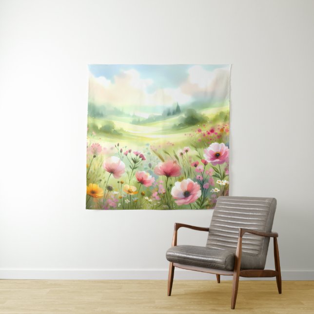 Tenture Paysage de prairie fleurie pastel (En situation)
