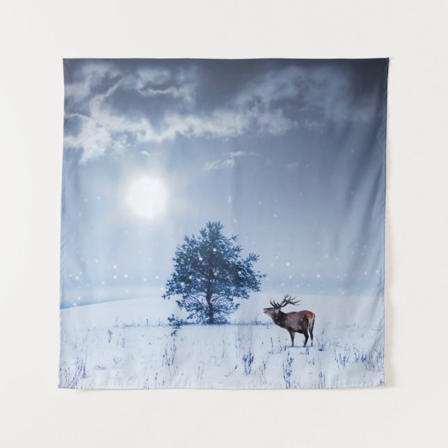 Tenture Paysage d'hiver de couleur bleue. Arbre solitaire  (Devant)