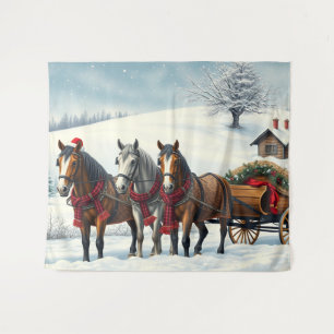 Tenture Paysage hivernal avec chevaux et Cabine