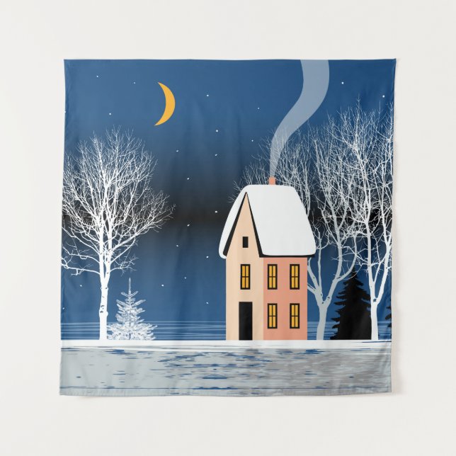 Tenture Paysage nocturne d'hiver. Maison cosy, divers arbr (Devant)